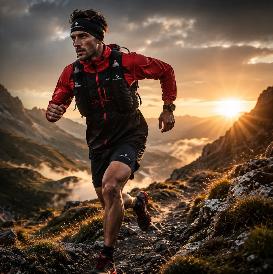 Corredor de trail con chaqueta Ronhill roja en la montaña al atardecer